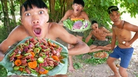 Survival in the rainforest - Fresh beef salad, Primitive Boy eating beef salads in the forest