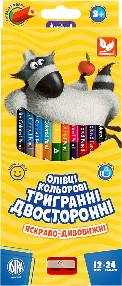 Олівці кольорові тригранні двосторонні + чинка, 24...