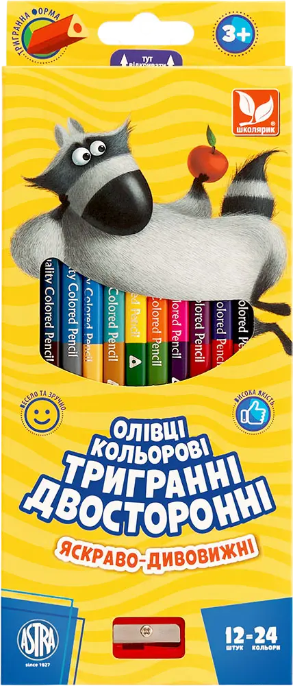 Олівці кольорові тригранні двосторонні + чинка, 24 кольори